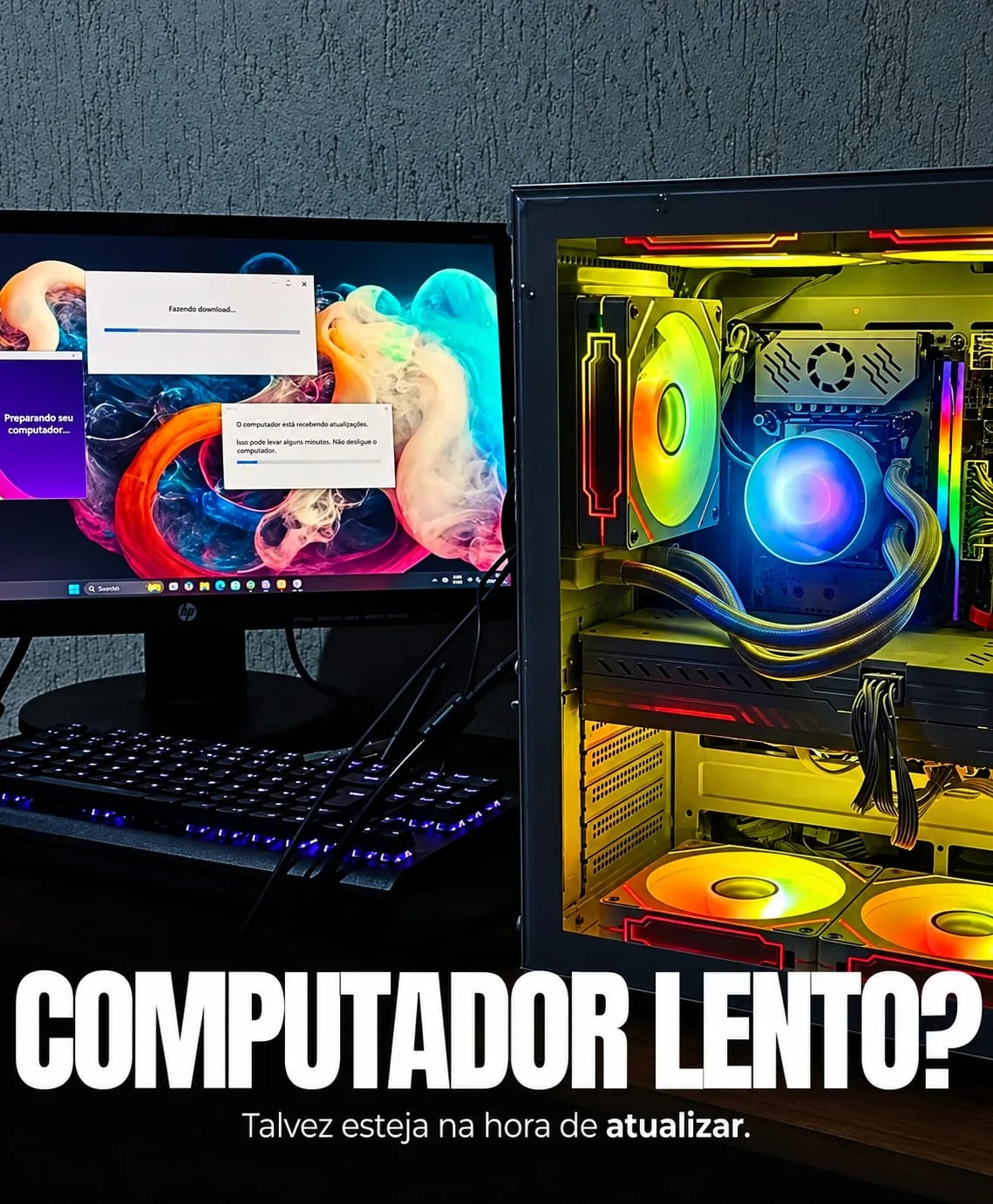 Computador gamer com iluminação RGB aberto para manutenção, serviço de PC gamer da meucomputador