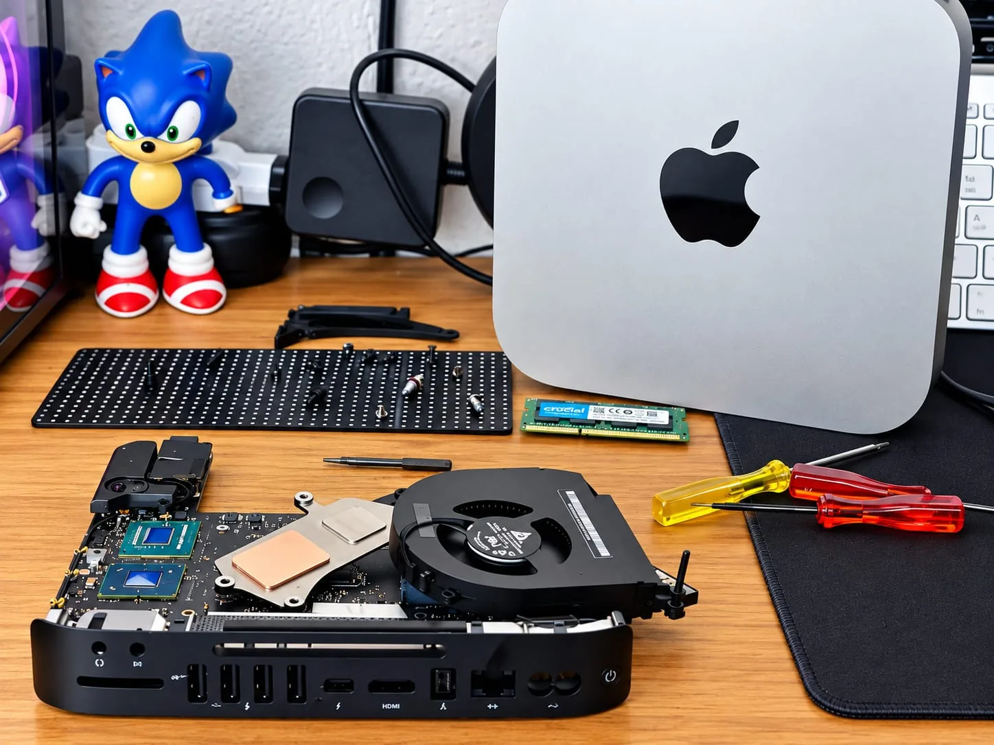 Bancada de manutenção preventiva da meucomputador, com ferramentas organizadas e equipamento aberto para limpeza